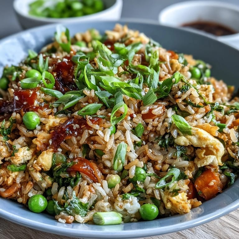 Healthy spring vegetable fried rice loaded with peas, carrots, and bell peppers, tossed with savory soy sauce and sesame oil.  