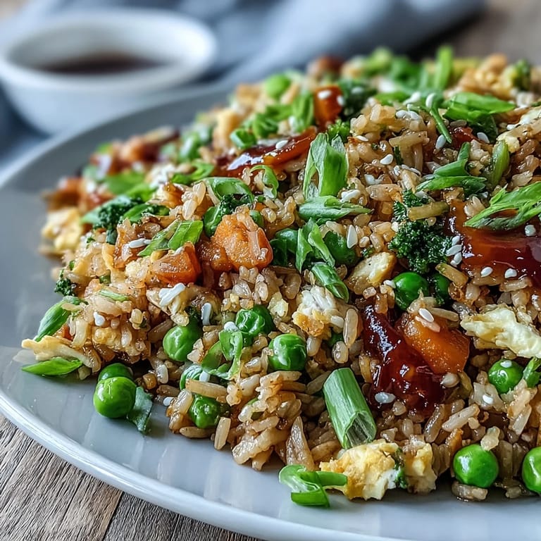 Quick and easy fried rice with fresh spring peas, diced carrots, and ginger, ideal for a nutritious main or side dish.