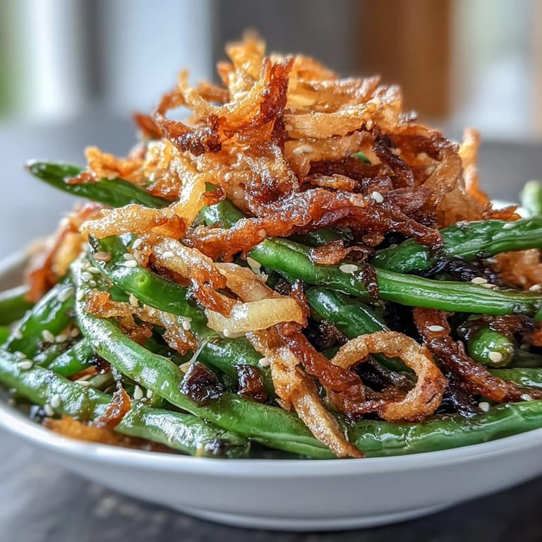 Aromatic green beans sautéed with garlic and sesame oil, finished with crunchy crispy onions for texture and taste.  