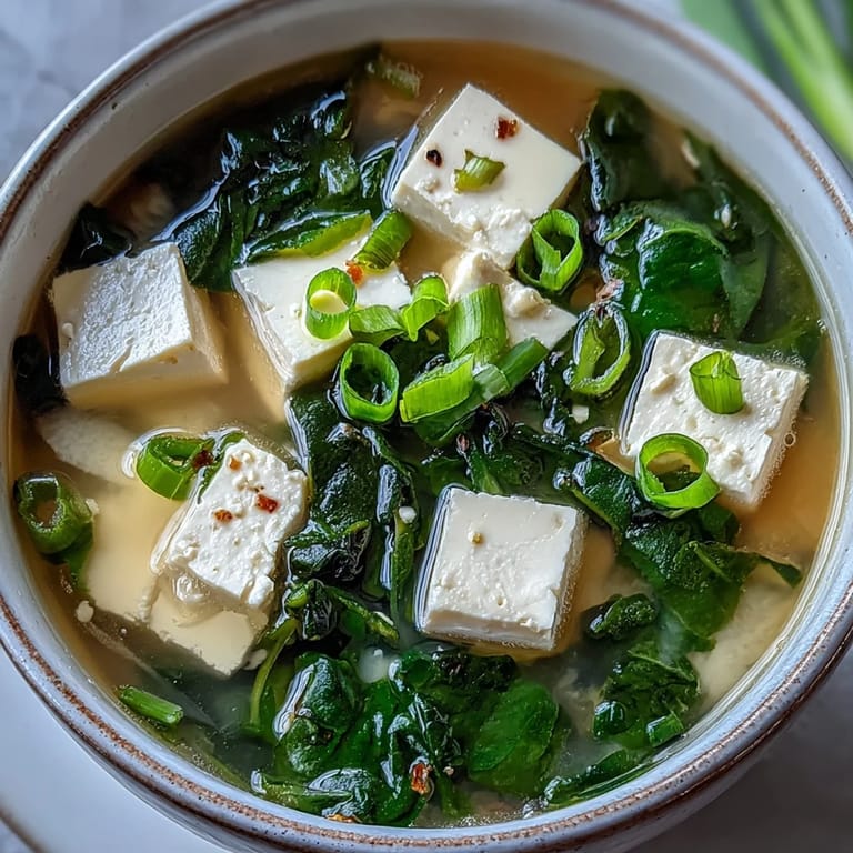 Japanese miso soup featuring tender tofu cubes, vibrant spinach, and aromatic green onions.  