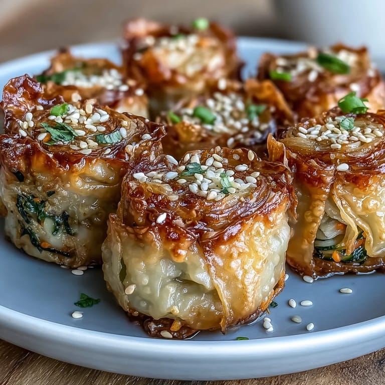 Pan-fried Chicken and Veggie Rice Paper Dumplings offer a crunchy exterior and savory filling, served hot with soy-ginger dipping sauce.  
