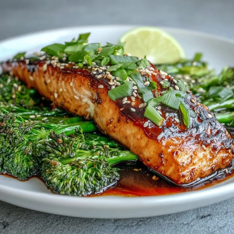 Golden-brown honey soy glazed salmon served with vibrant broccoli florets and toasted sesame seeds for crunch.
