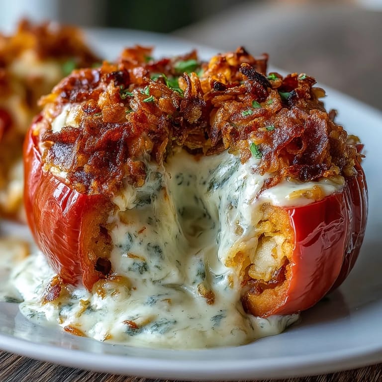 Creamy hash brown and cheese filling spooned into sweet bell peppers, topped with crunchy cornflake crust for a hearty vegetarian main.  