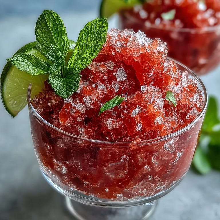Fluffy, icy strawberry lime granita dessert with zesty lime and a hint of rum, perfect for summer gatherings.  