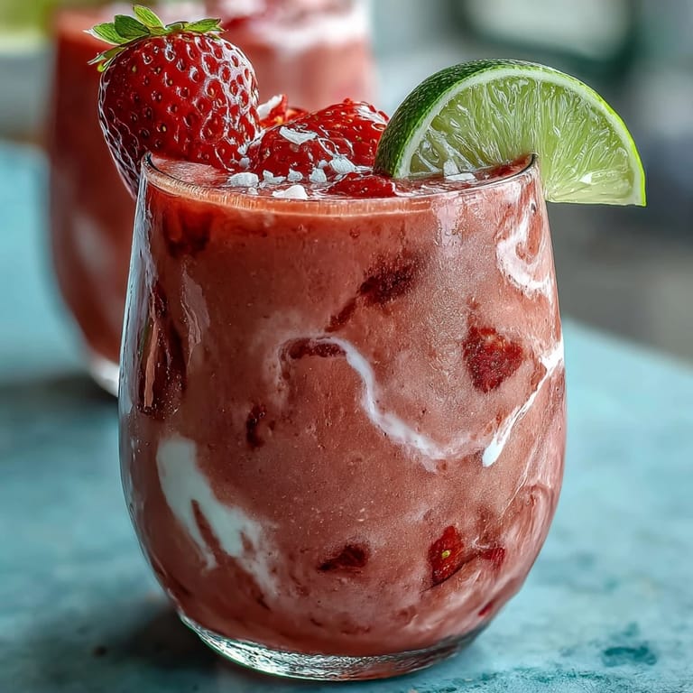 Creamy strawberry coconut daiquiri smoothie served in chilled glasses with lime wedges and tropical garnish.  