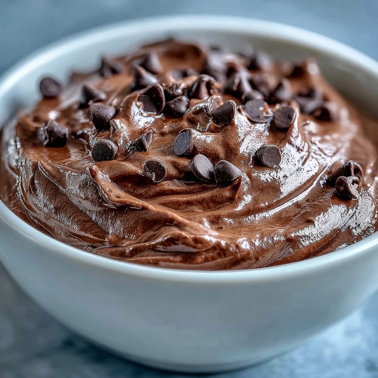 Rich and velvety cottage cheese brownie batter dip topped with mini chocolate chips, surrounded by colorful fresh fruit for dipping and sharing.