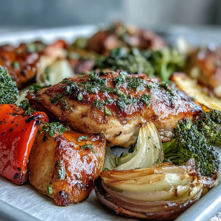 Vibrant sheet pan meal featuring juicy chicken breasts and a medley of roasted broccoli, bell peppers, and red onion for easy cleanup.  