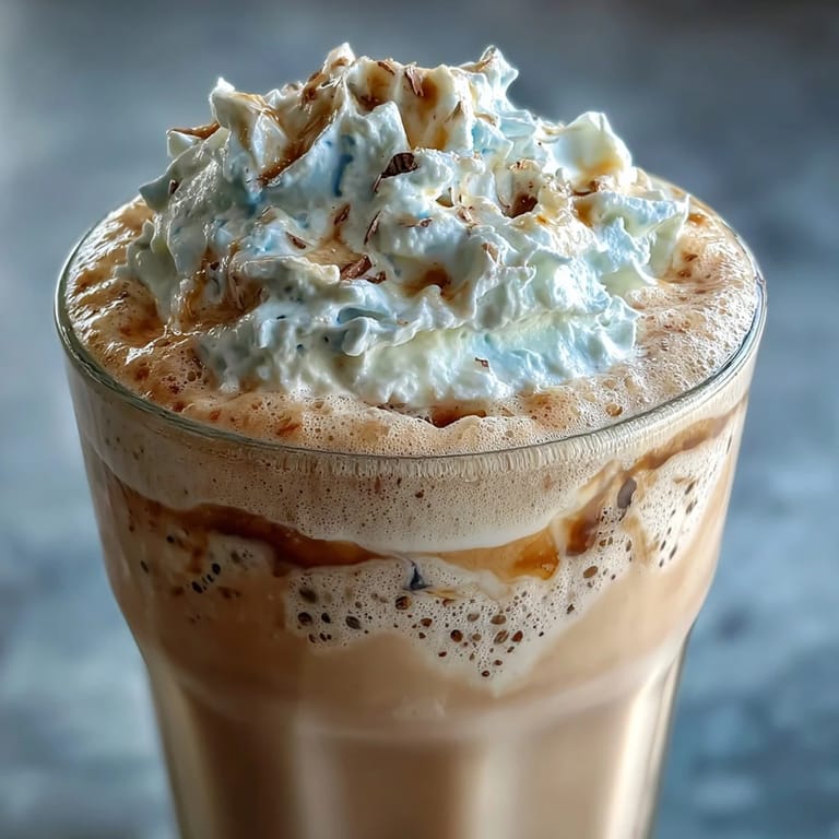 Velvety vanilla bean frappuccino protein shake made with Greek yogurt, almond milk, and a hint of maple syrup, served chilled.