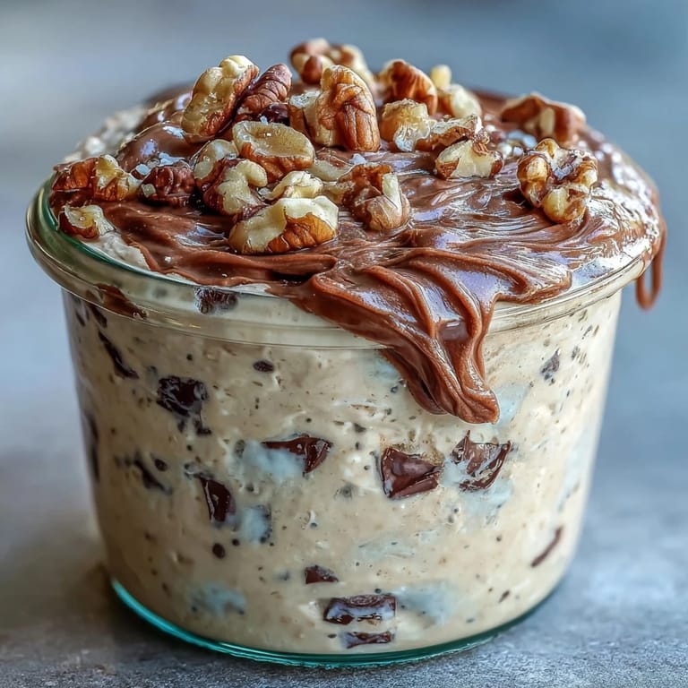 Velvety overnight oats layered with vanilla protein, chia seeds, and mini chocolate chips, inspired by classic cookie dough flavor for a satisfying morning meal.