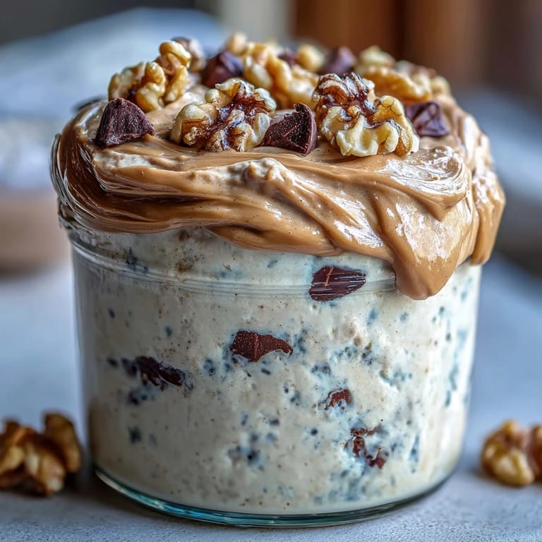 Protein-packed overnight oats with hints of vanilla and chocolate, topped with crunchy nuts and a drizzle of almond butter for a wholesome, energizing start.