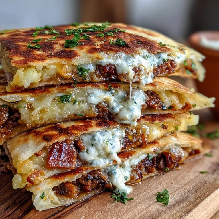 Shepherd's Pie Quesadillas with golden crispy tortillas filled with savory meat and creamy mashed potatoes.