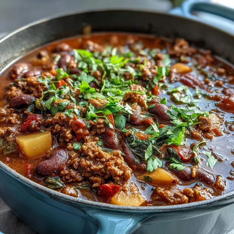 A hearty pot of Healthy Easy One-Pot Turkey Chili with Beans, loaded with ground turkey, black beans, and colorful vegetables.