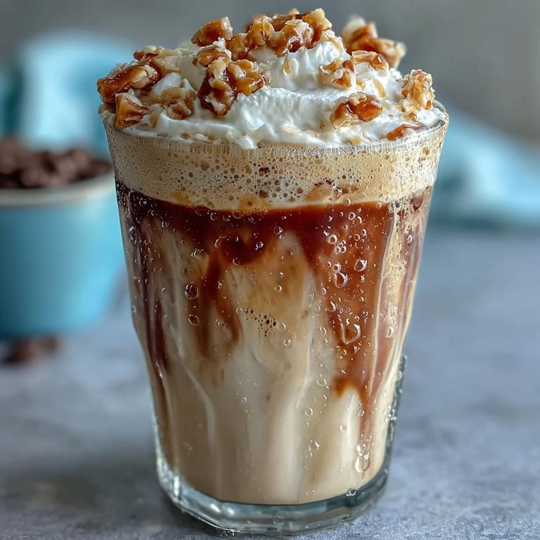 Blended iced coffee drink with vanilla bean and a luxurious toasted coconut milk foam topping.