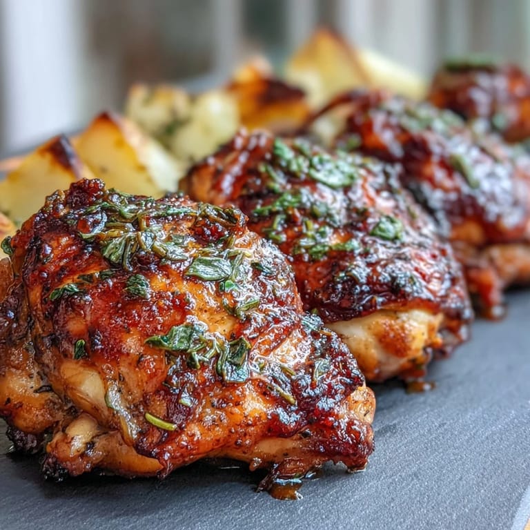 Golden herb-crusted chicken thighs and caramelized root vegetables, roasted together for a flavorful, easy weeknight dinner.