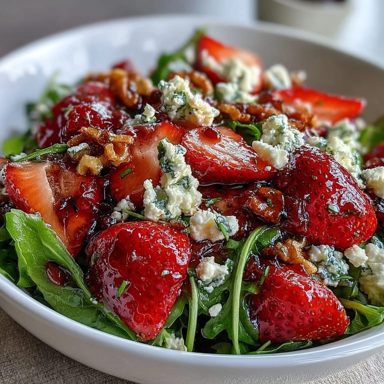 Vibrant strawberry arugula salad with goat cheese and balsamic glaze, a light and elegant spring dinner party dish.