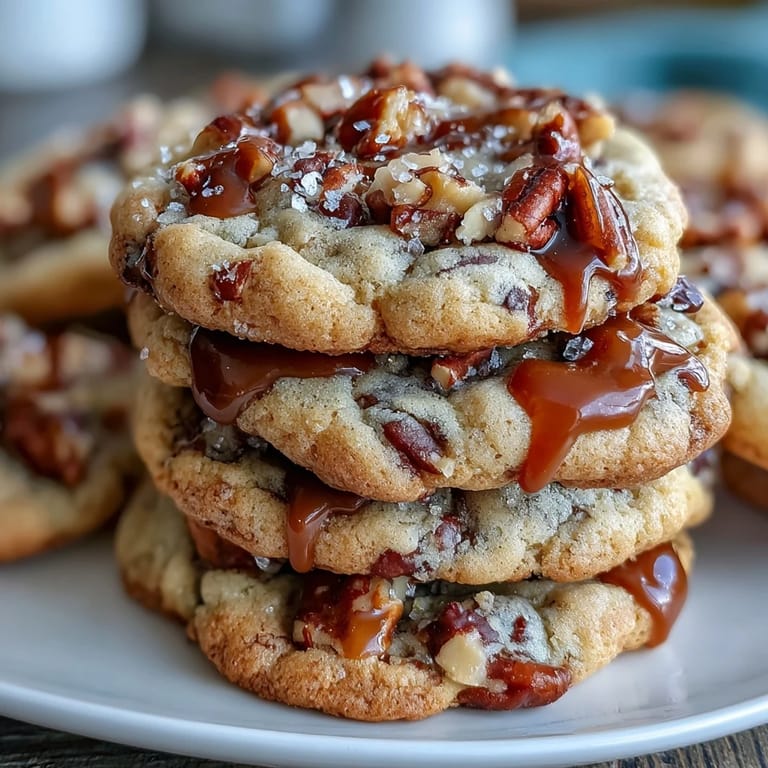 Decadent butter pecan cookies drizzled with caramel and topped with crunchy toasted pecans for a perfect dessert.