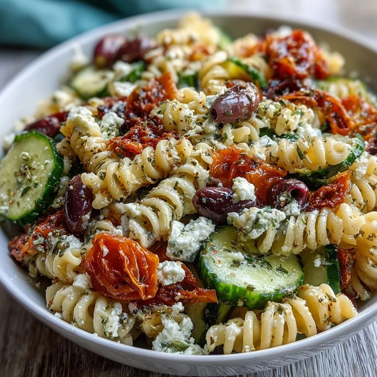 A picnic-ready Greek pasta salad with olives and feta, perfect for outdoor dining with fresh Mediterranean flavors.