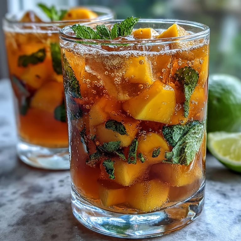 Chilled glasses of alcohol-free mango peach sangria filled with citrus slices and ripe fruit, refreshing and family-friendly.  