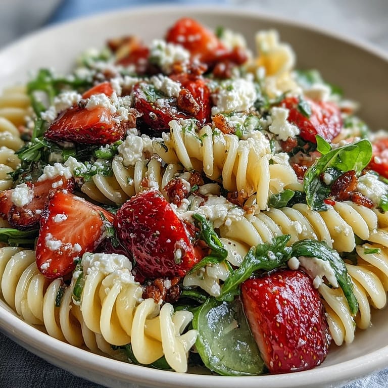 Refreshing Spring Pasta Salad with sweet strawberries, creamy feta, and fresh arugula, perfect for a light lunch or spring gathering.