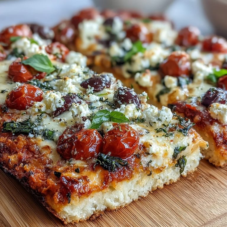 Golden cottage cheese flatbread pizza with a savory oat flour base, loaded with spinach, olives, and gooey mozzarella cheese.