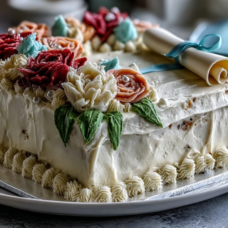 A close-up shot of a single slice of Graduation Sheet Cake featuring a pink buttercream rose.