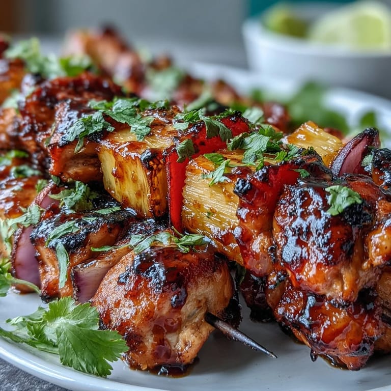 Tropical Grilled Pineapple Chicken Skewers featuring tender chicken, caramelized pineapple, and colorful bell peppers.