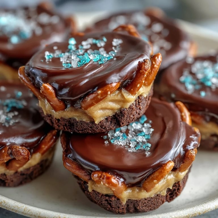 Sweet and salty peanut butter eggs in mini chocolate cups, featuring a buttery pretzel base and rich topping.  