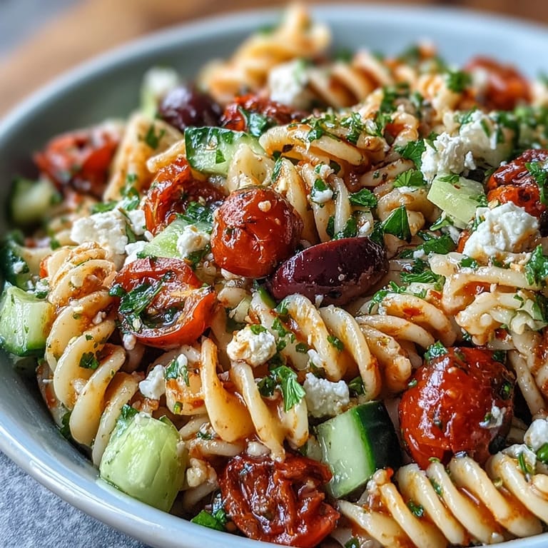 Colorful pasta salad tossed with mozzarella, bell peppers, and red onion, drizzled with bold Italian dressing for a refreshing summer dish.