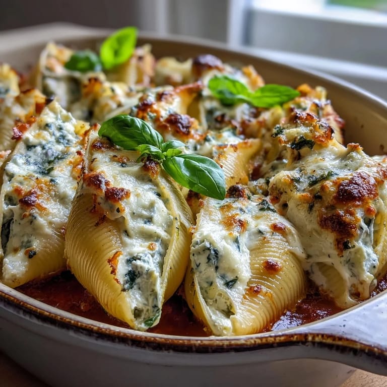 Cheesy Pesto Chicken Stuffed Shells Lite served hot in marinara sauce, next to a glass of white wine.