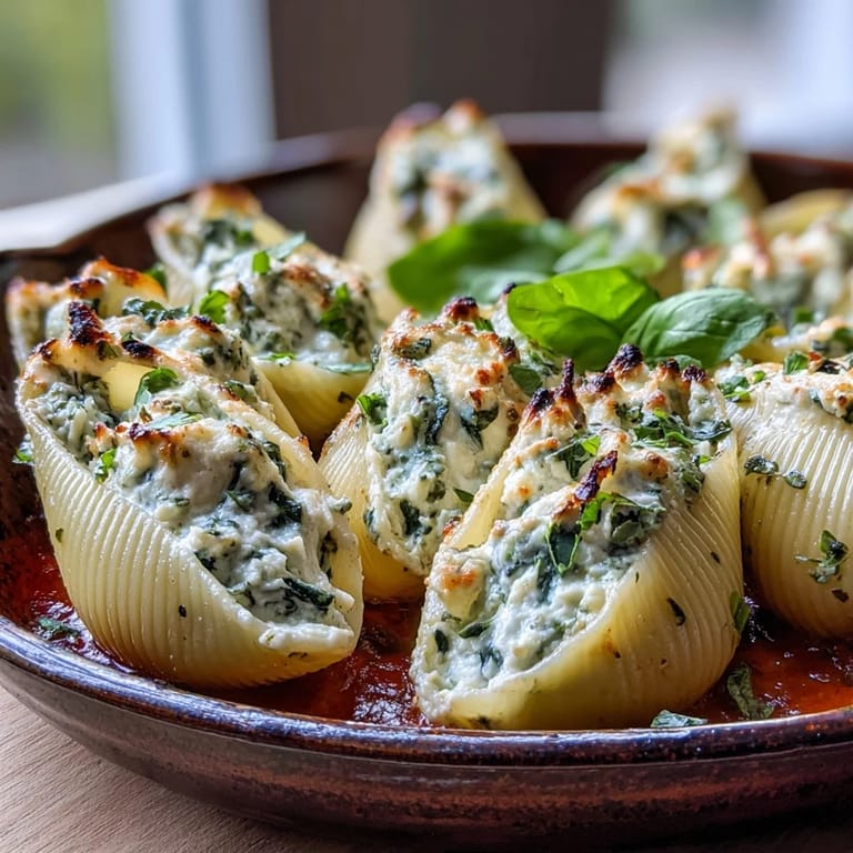 Close-up of a spoon serving a creamy Pesto Chicken Stuffed Shells Lite, revealing the spinach and chicken filling.