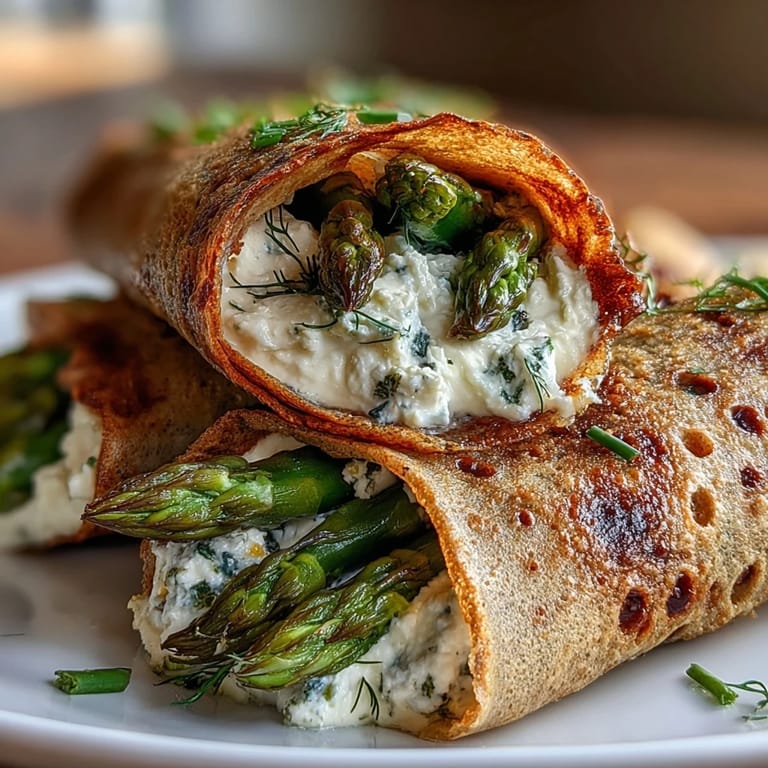 Golden buckwheat crepes rolled with creamy ricotta, fresh herbs, and sautéed spring vegetables on a rustic plate.
