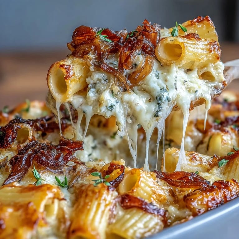 Rich and creamy French Onion Pasta Bake topped with a golden crust of Gruyère, served fresh from the oven.