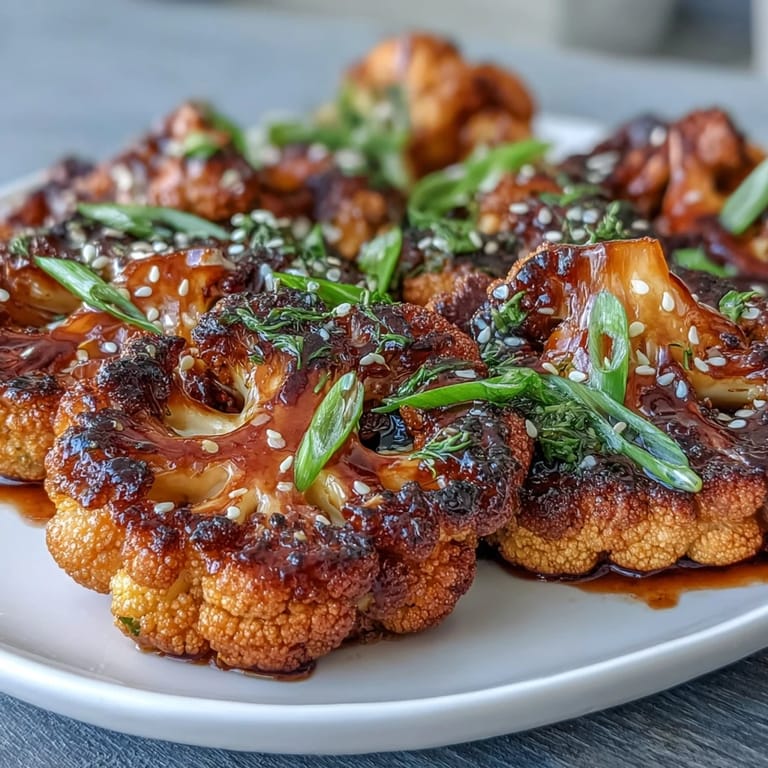 Thick cauliflower slices caramelized in the oven and basted with sweet-savory teriyaki sauce, perfect for plant-based dinners.