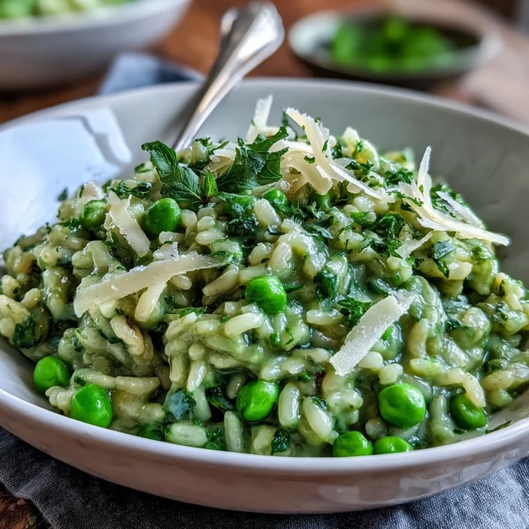Spring pea risotto topped with lemon zest and mint, showcasing the bright flavors of the season.  