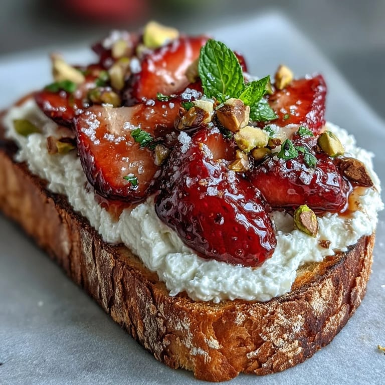 2. A colorful breakfast treat featuring juicy strawberry slices, rich ricotta, and a sprinkle of pistachios on toasted rustic bread.