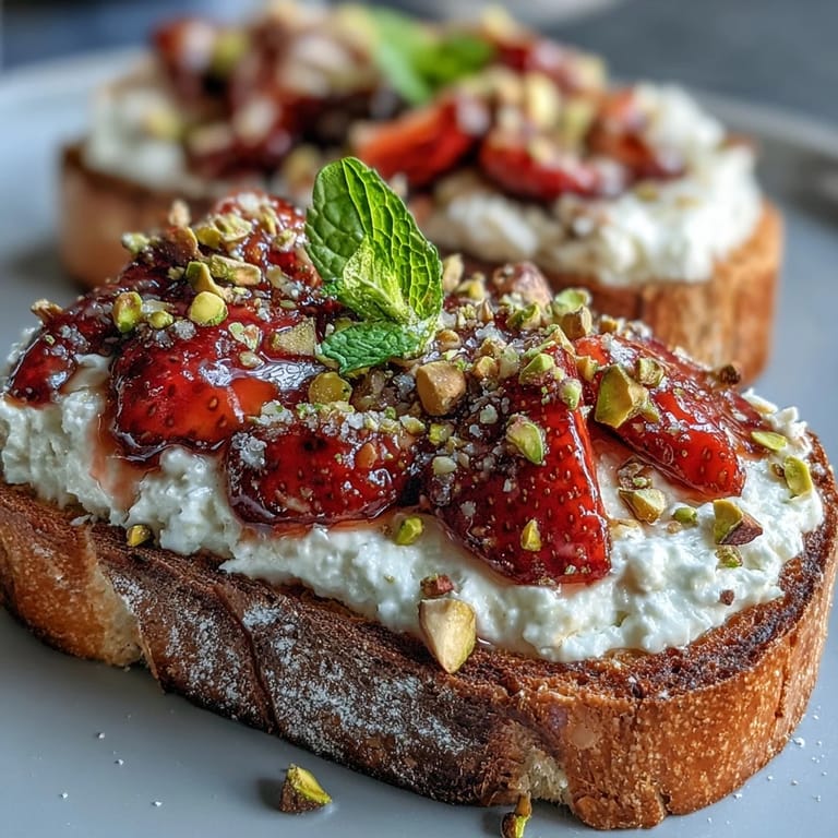3. Elegant honey-drizzled toast layered with creamy ricotta, fresh strawberries, and chopped pistachios for a satisfying crunch.