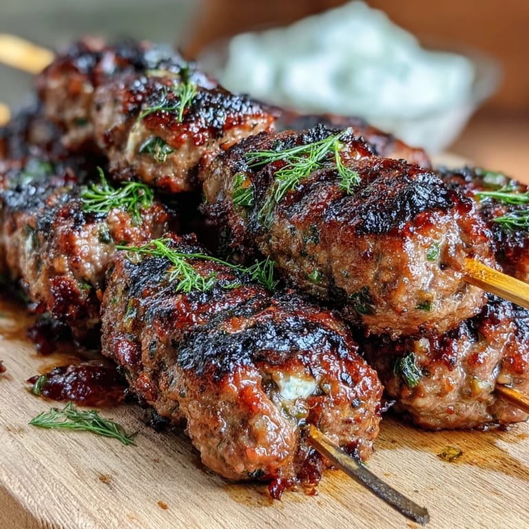 Tender lamb kofta skewers with smoky paprika and mint, accompanied by cool Greek yogurt tzatziki and lemon wedges for serving.