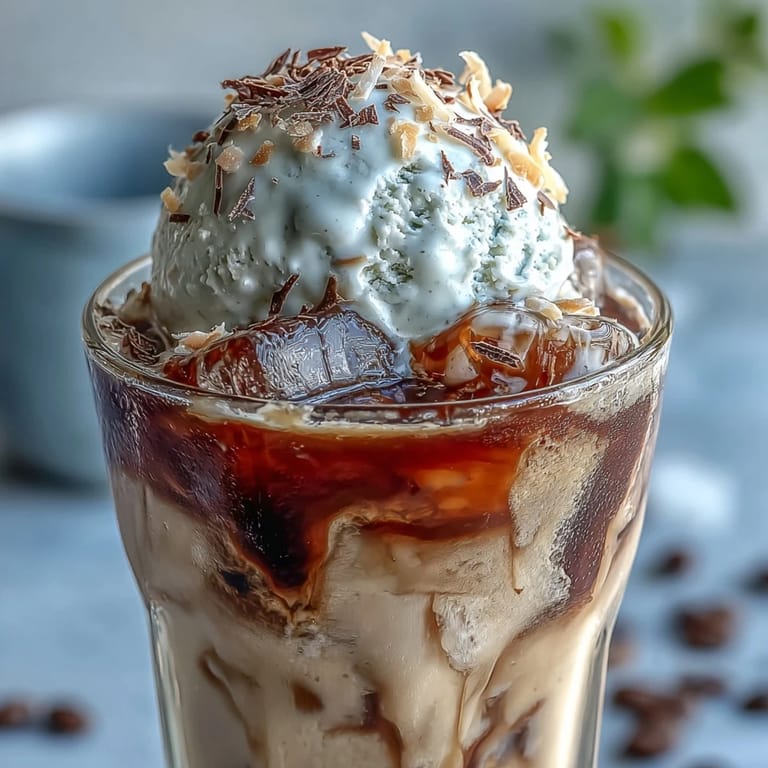 Smooth coconut cold brew poured over ice, topped with rich vanilla bean ice cream and fresh mint for a refreshing dessert drink.