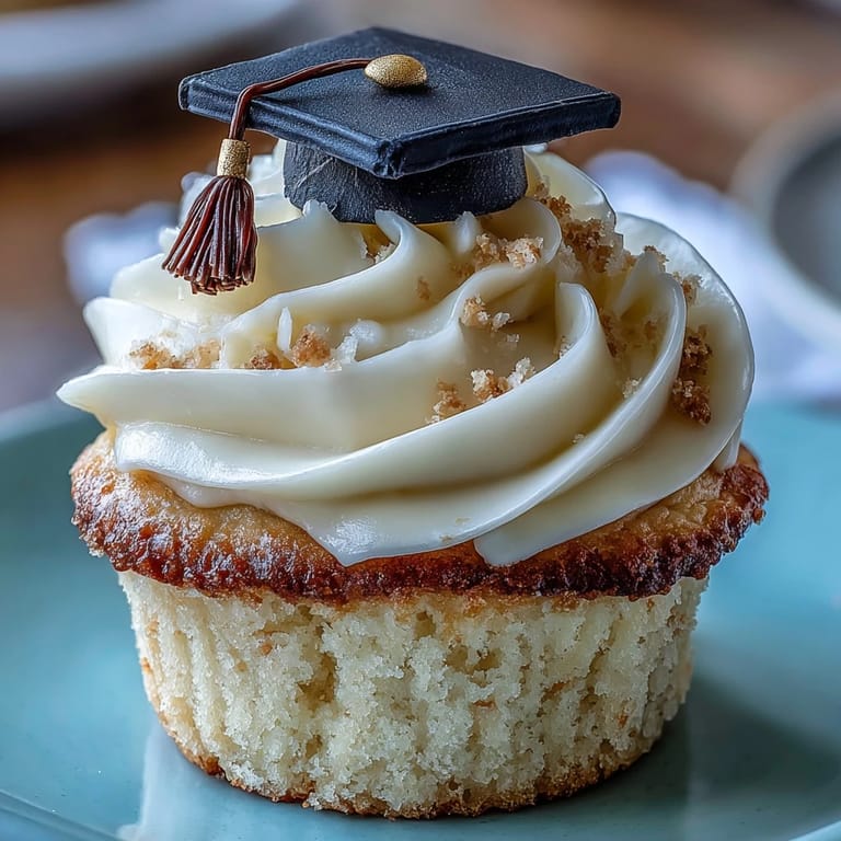 Decadent buttercream-frosted cupcakes topped with handmade fondant graduation caps in black and gold, ideal for graduation parties.