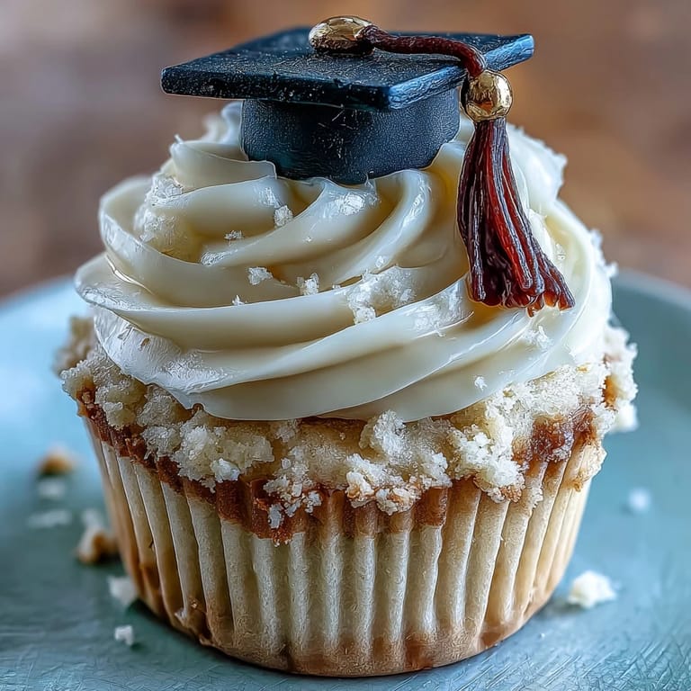 Delicious vanilla cupcakes decorated with edible black and gold fondant caps, featuring buttercream swirls and graduation-themed details.