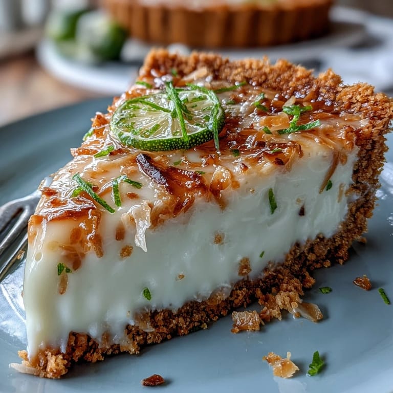 3. Tangy coconut lime tart with graham cracker crust, garnished with lime zest and coconut flakes for a tropical treat.