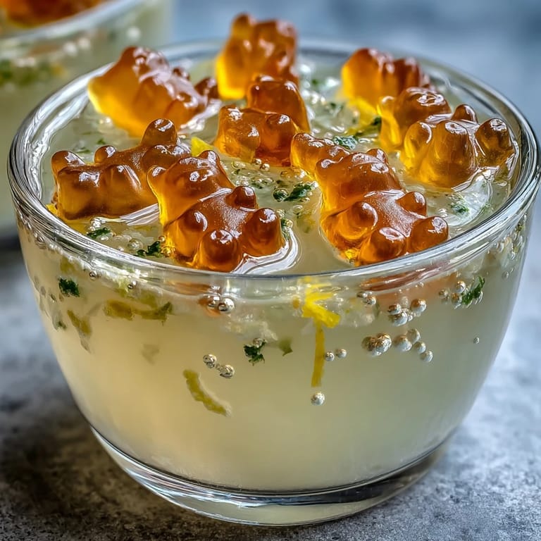 Delightful layered Gummy Bear Lemonade Jelly Cups featuring fresh lemon zest and bright gummy bear candies in clear glass cups.