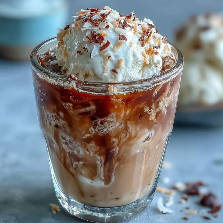 Two glasses filled with coconut cold brew coffee, vanilla ice cream, and a drizzle of chocolate syrup for extra indulgence.