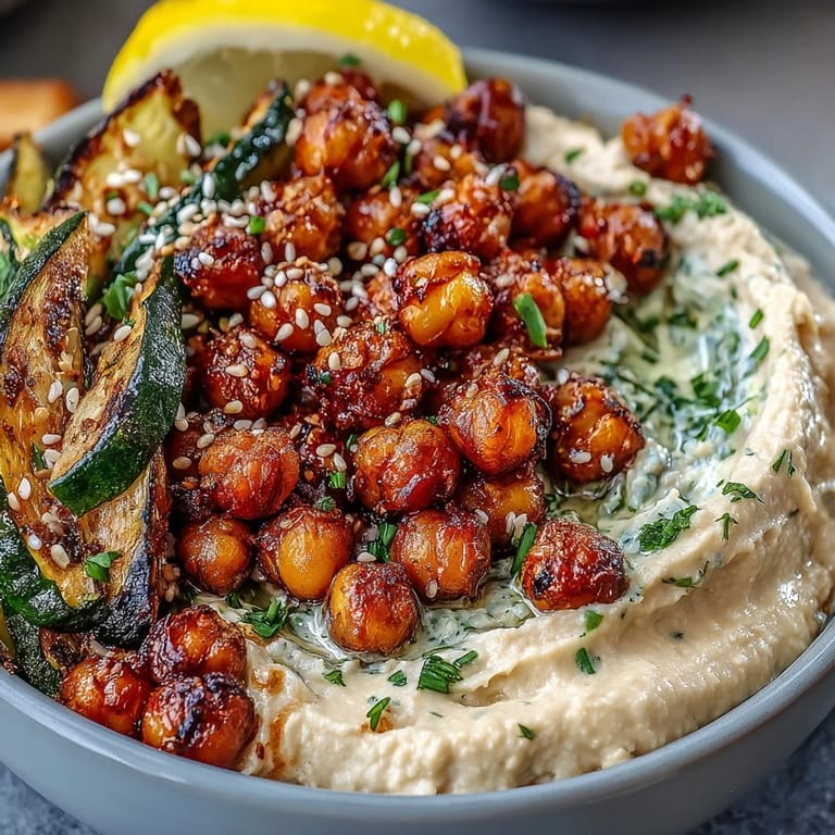 Wholesome Crispy Chickpea Bowls featuring smoky roasted chickpeas, colorful grilled peppers, and creamy hummus.  
