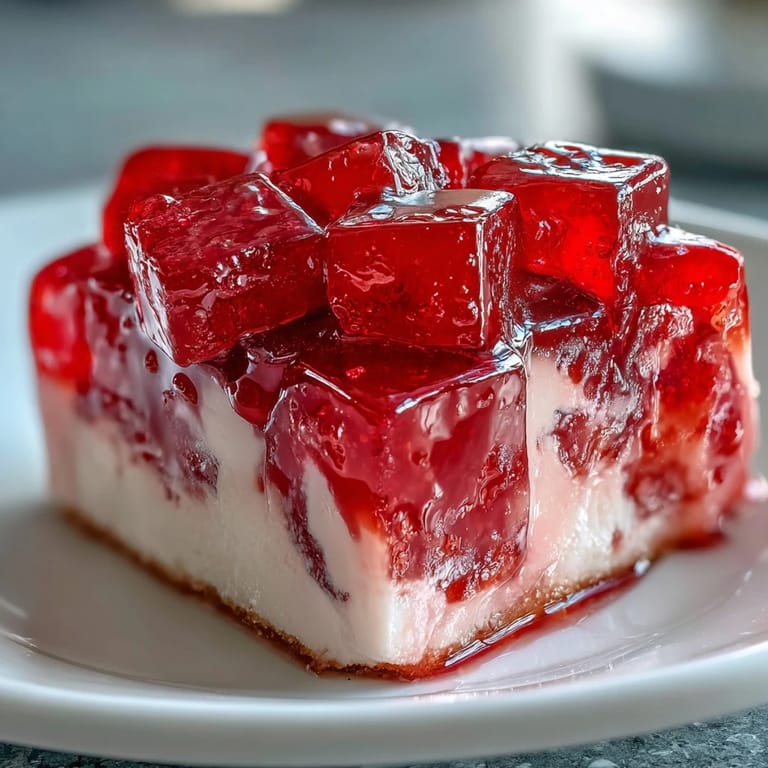 Elegant gelatin mosaic cake featuring bright pink and red cubes in a smooth cream mixture, ideal for summer celebrations.