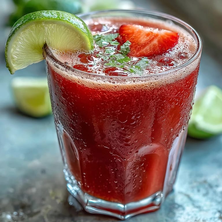 Vibrant strawberry agua fresca blending ripe strawberries, zesty lime juice, and chilled water for a cooling drink.