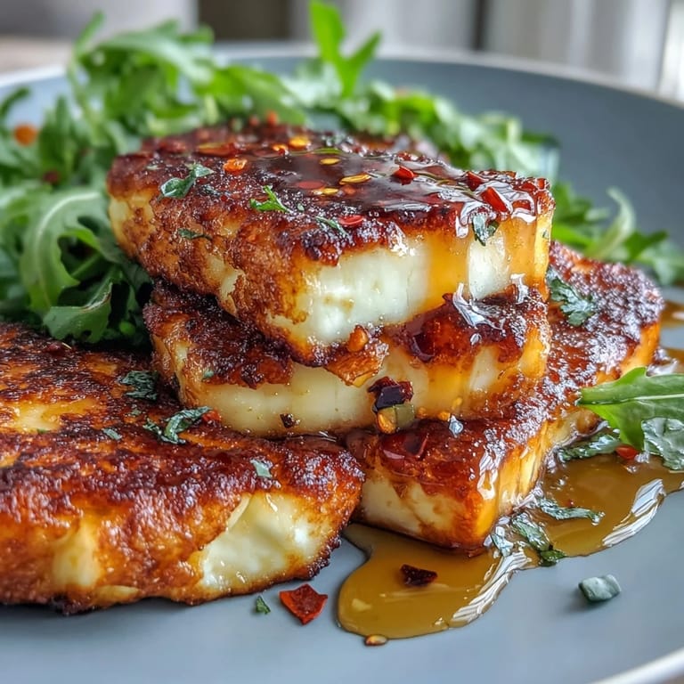 Crispy halloumi slices served on arugula with a sweet and spicy honey glaze.