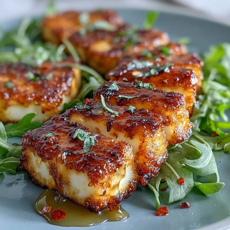 Warm halloumi cheese topped with chili honey, paired with fresh arugula for a vibrant dish.