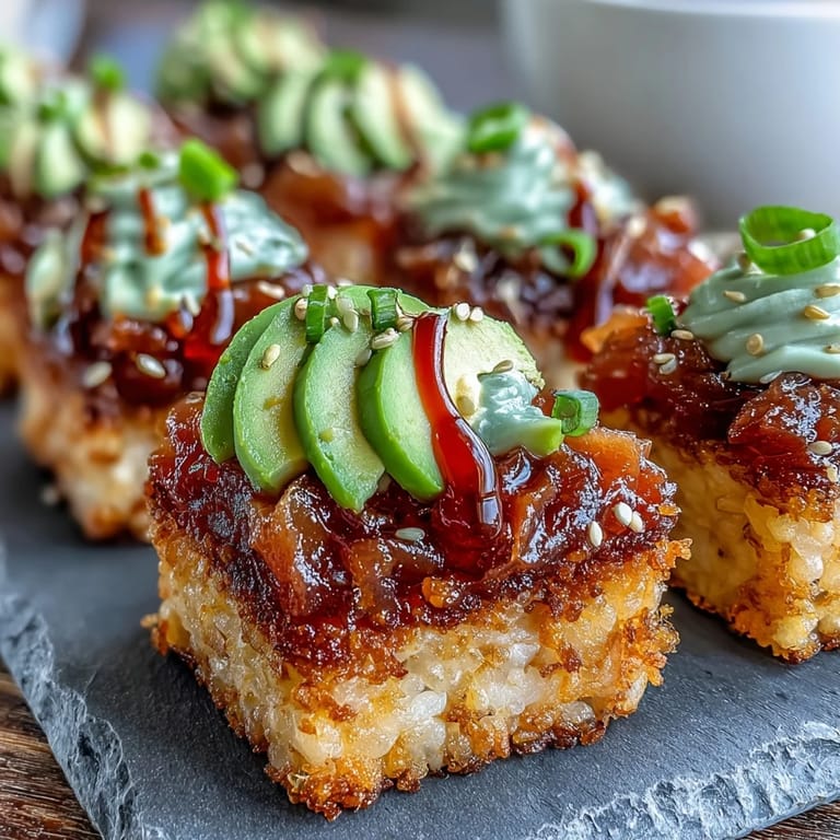 Viral appetizer featuring crispy rice bites, spicy tuna, and creamy avocado drizzle.