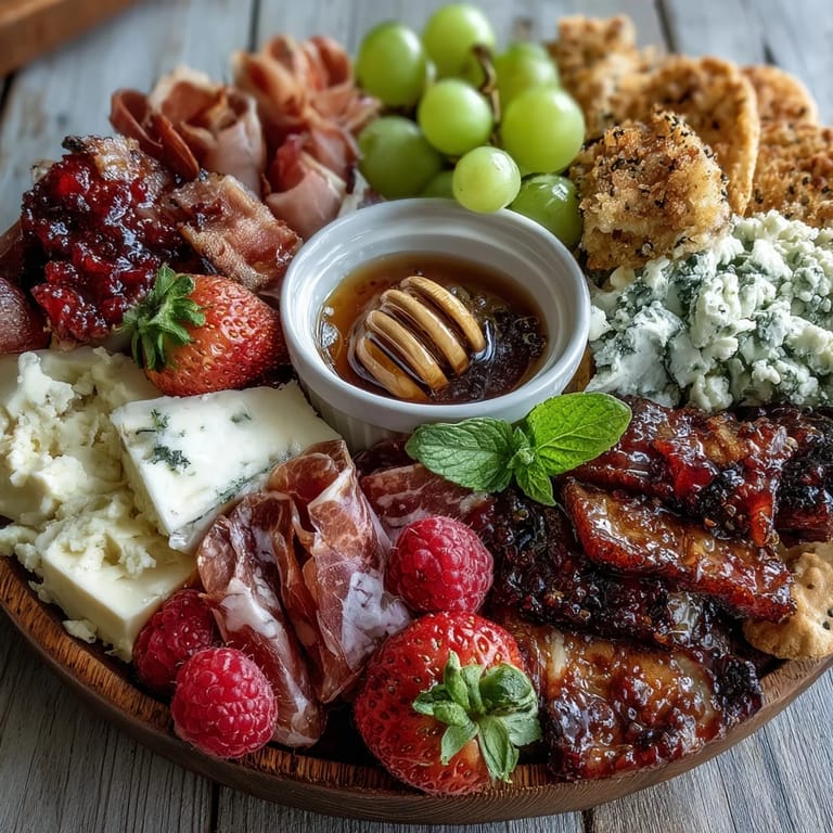 Colorful summer charcuterie board, showcasing cheeses, meats, and sweet honey.